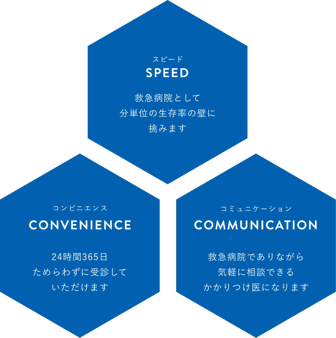 スピード：救急病院として分単位の生存率の壁に挑みます | コンビニエンス：24時間365日ためらわずに受診していただけます | コミュニケーション：救急病院でありながら気軽に相談できるかかりつけ医になります